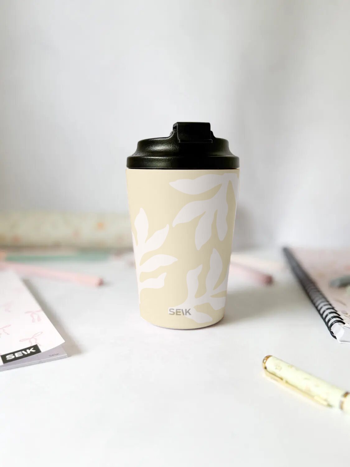 Kaffee-Thermobecher - beige Blätter (350ml)